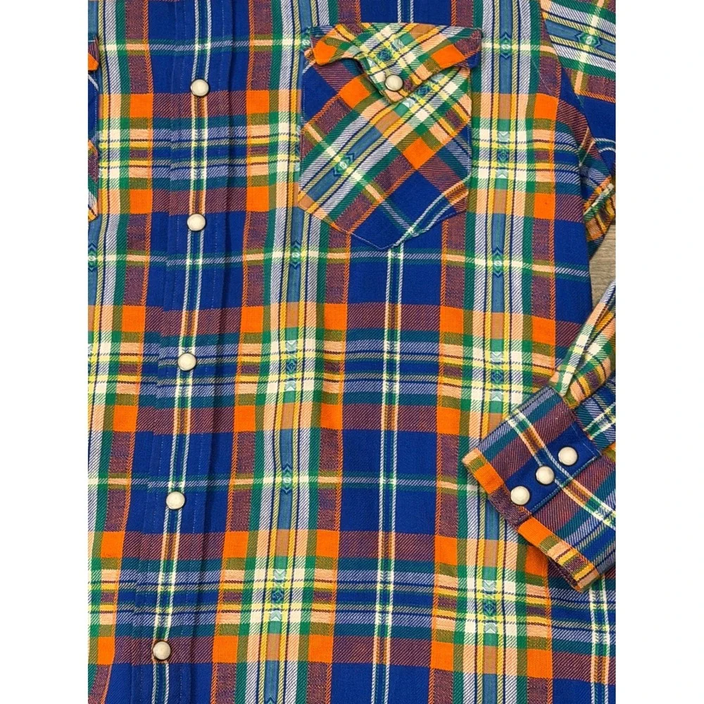 Polo Ralph Lauren‎ Mens Blue Orange Plaid Flannel Pearl Snap Western Shirt Large